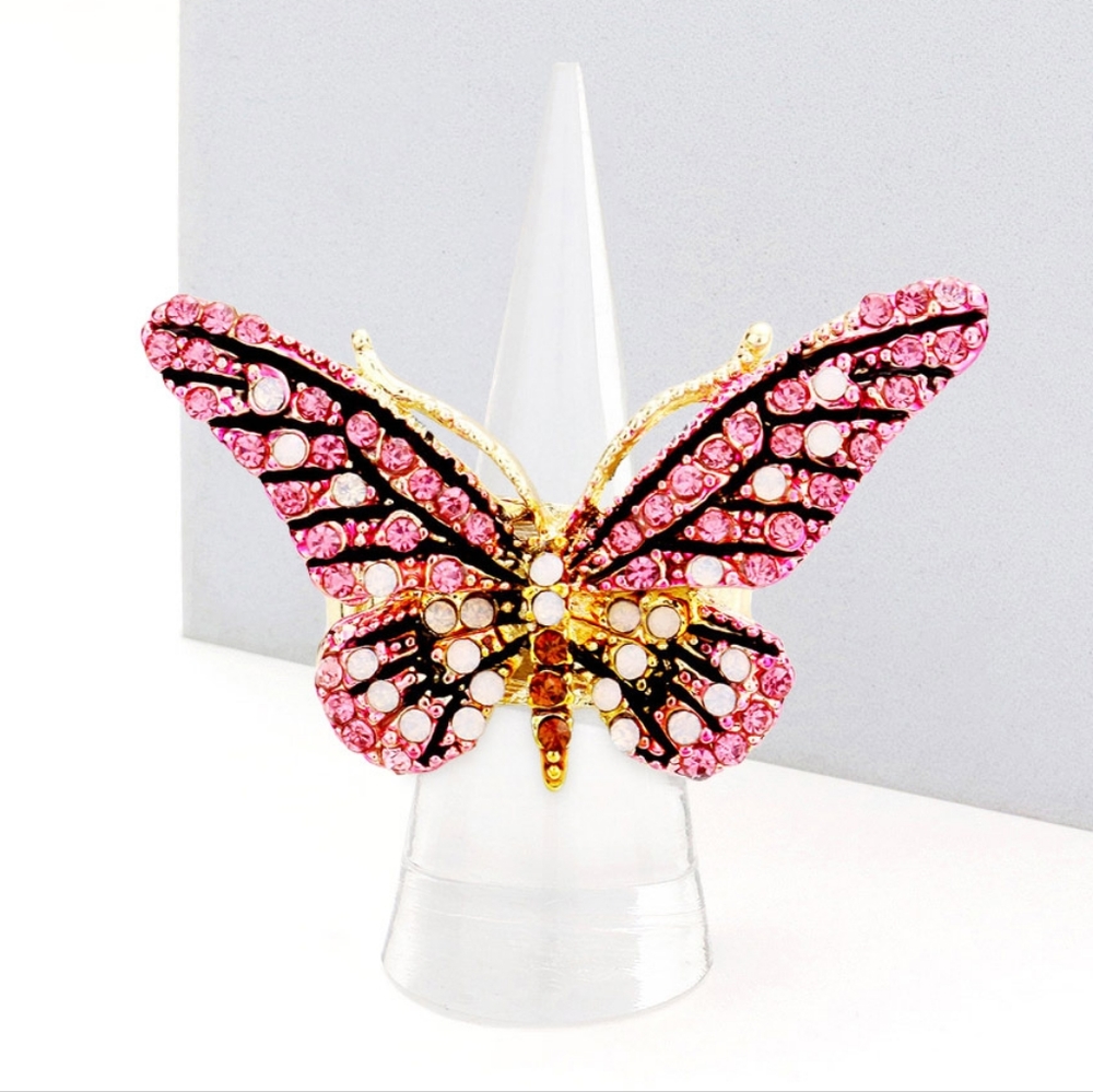 Pink Gold Butterfly Ring Rhinestones Crystal Cute Finger Statement Accessory